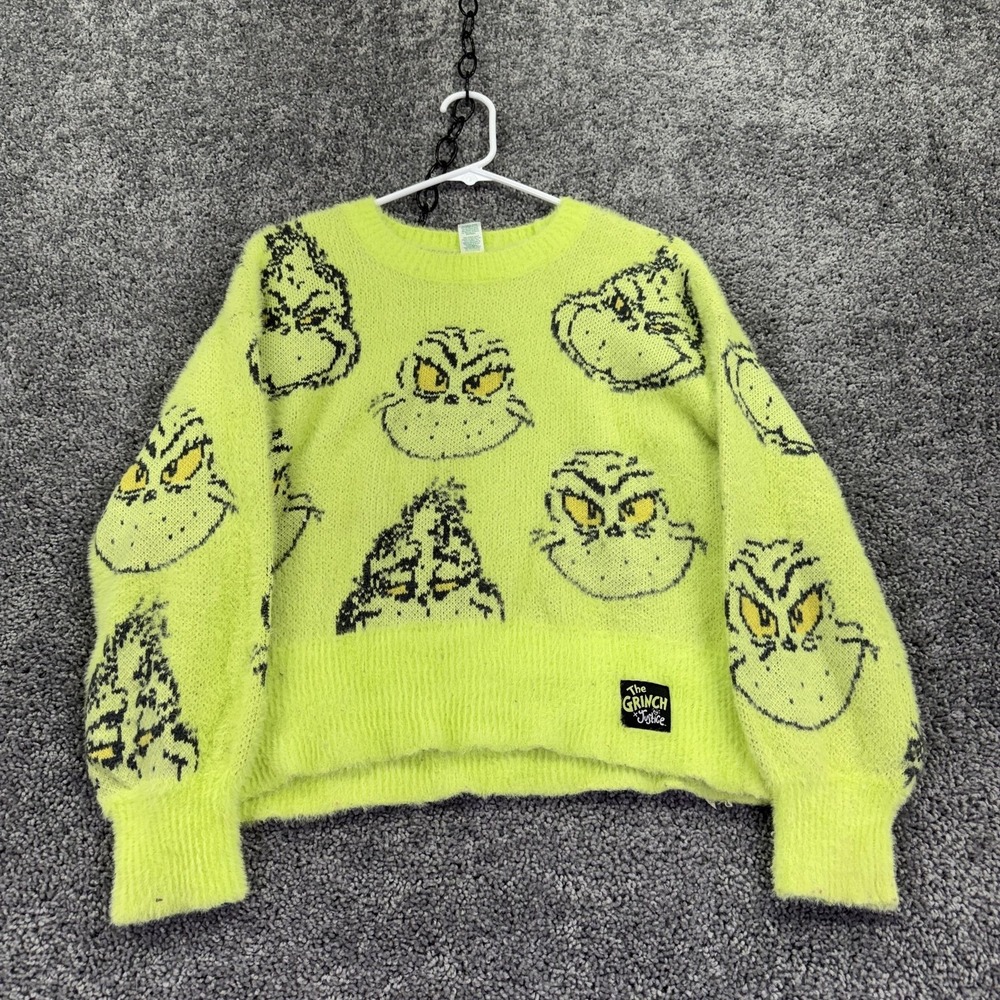 The Grinch X Justice Sweater Girls L 12/14 Green Fuzzy Knit Pullover Graphic